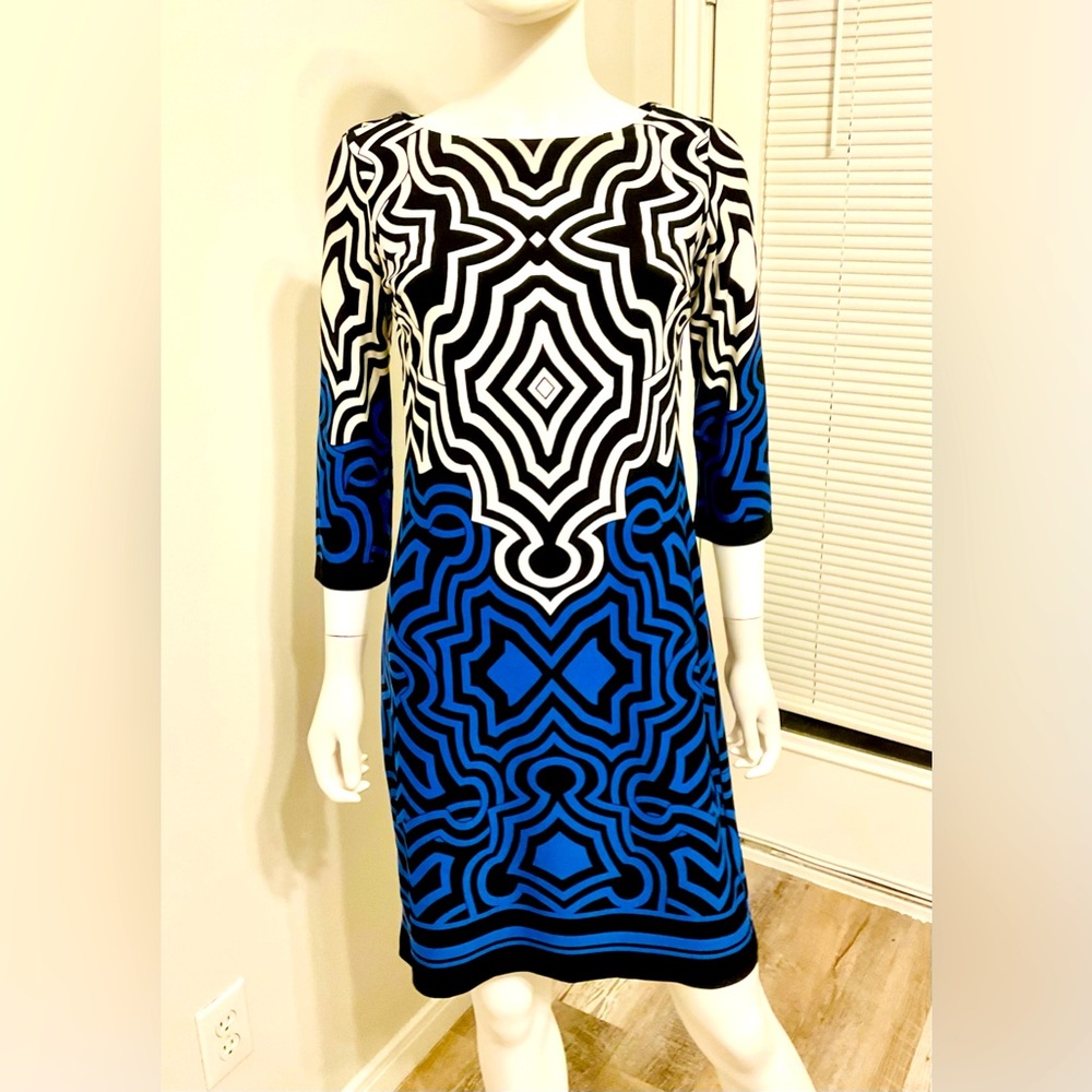 Enfocus Studio Women's dress SZ-4, blue, white, black, with 3/4 sleeves.